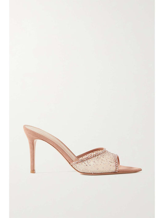 GIANVITO ROSSI
Rania 85 Suede Organza Embellished Mules