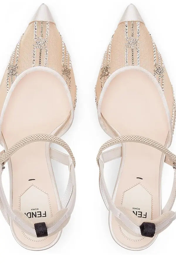 Fendi Mesh High-Heeled Slingbacks With Rhinestone Embroidery - Noir