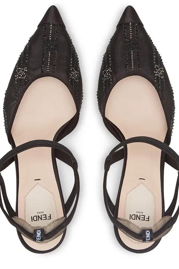 Fendi Mesh High-Heeled Slingbacks With Rhinestone Embroidery - Noir