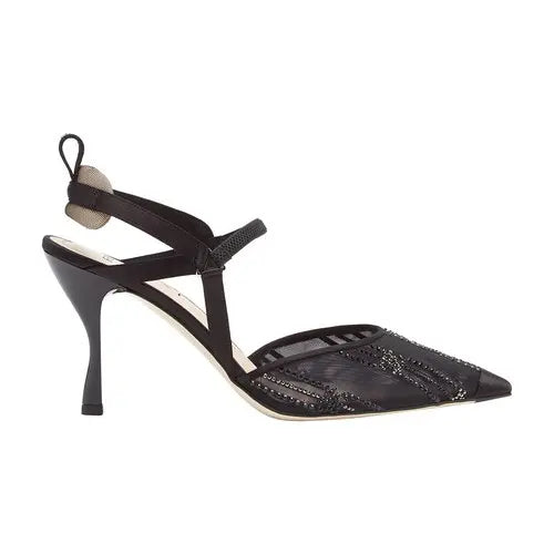 Fendi Mesh High-Heeled Slingbacks With Rhinestone Embroidery - Noir